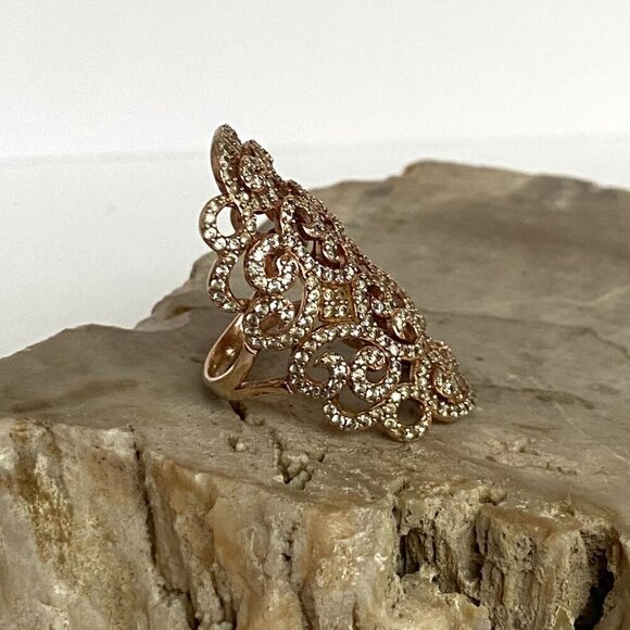 Rose Gold Plated Sterling Silver 925 Scrollwork White Sapphire Ring Sz 6.75 - Picture 12 of 16